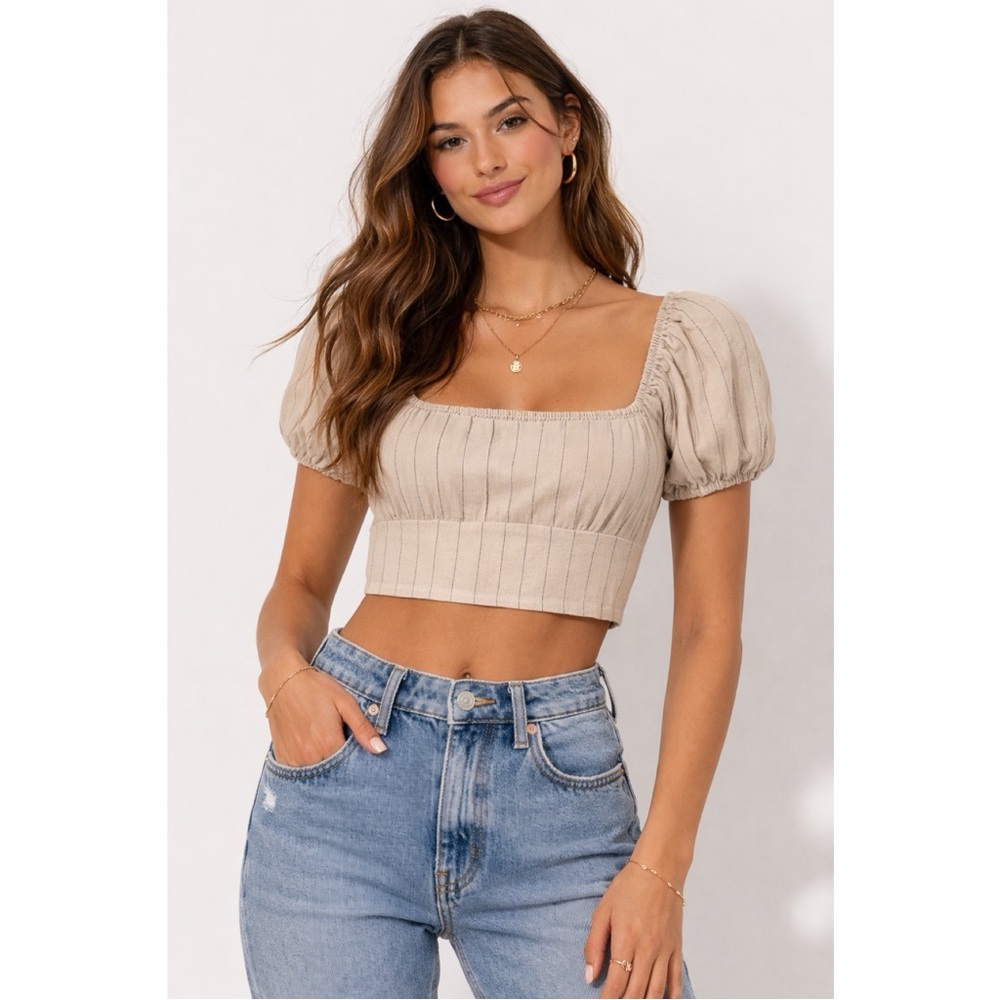 La Hearts Beige Ribbed Square Neck Crop Top